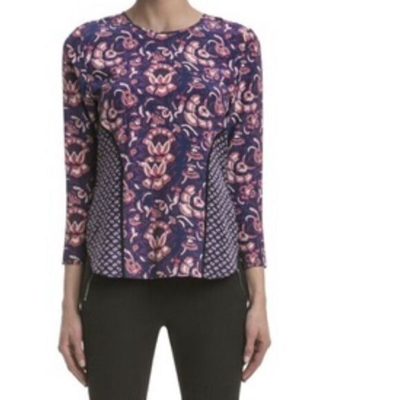 Veronica Beard blouse Sz 0 100% silk plum floral batik print seamed long sleeve - Picture 8 of 10